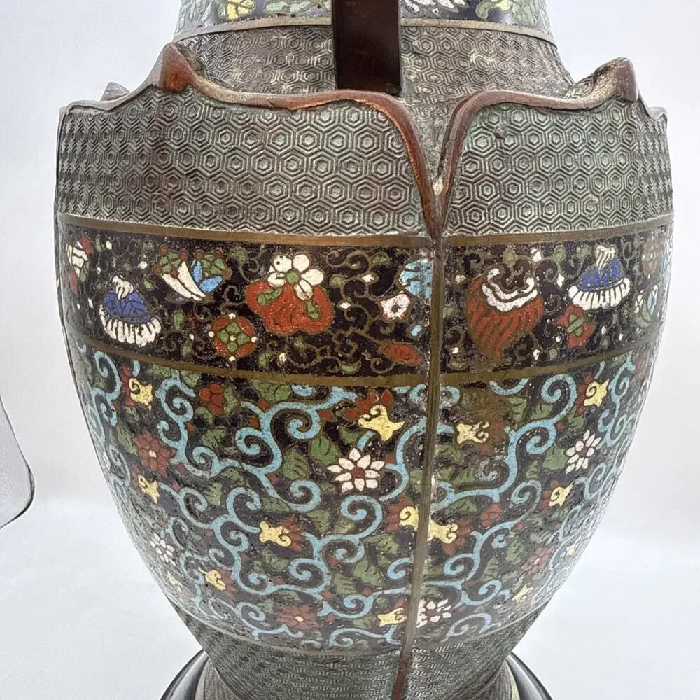 17.5” Antique Japanese Bronze Champleve Cloisonné Enamel Vase Dragon Handles ⬇️